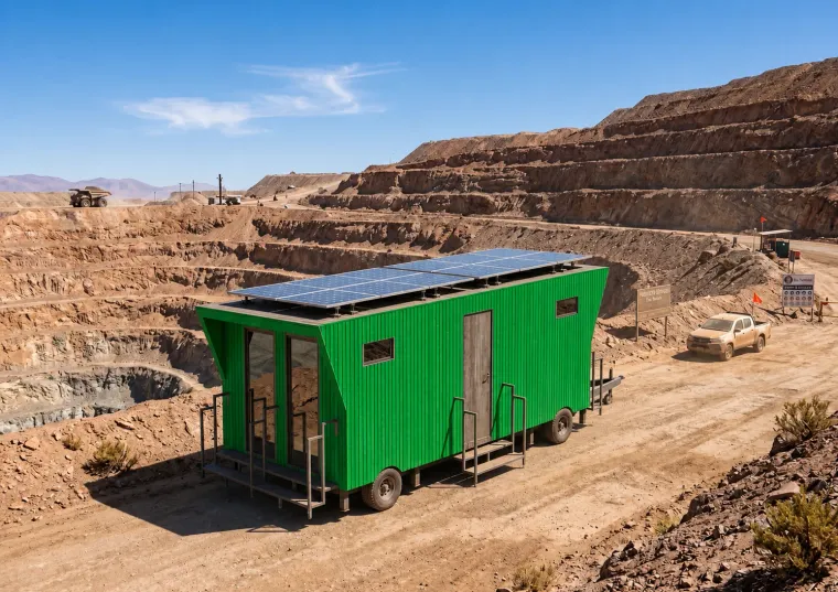 Módulo sanitario móvil con paneles solares y tratamiento de aguas